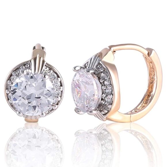 14K Yellow Gold with White Diamond Cubic Zirconia Halo Huggie Hoop Drop Earrings - Picture 1 of 13